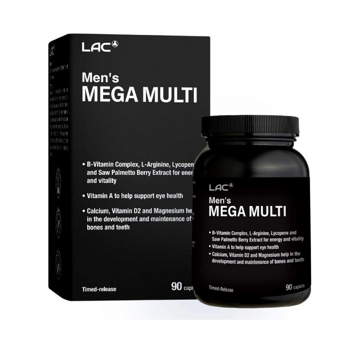 LAC Men Mega Multi Time Release Caplet 90's for Men Supplement with Magnesium, Calcium, B Complex, Vitamin A