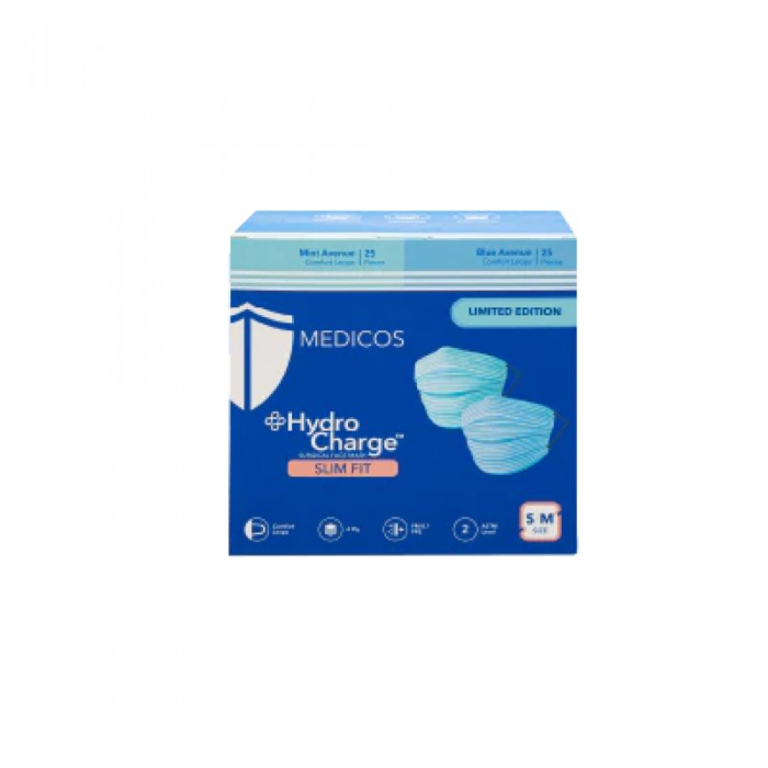 MEDICOS 4Ply Hydrocharge 4Ply Face Mask 50’s Slim Fit S / M Size- Mask , 4 Ply Mask , Face Mask