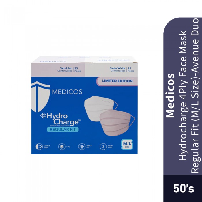 MEDICOS 4Ply Hydrocharge 4Ply Face Mask 50’s Regular Fit M/L Size- Mask , 4 Ply Mask , Face Mask