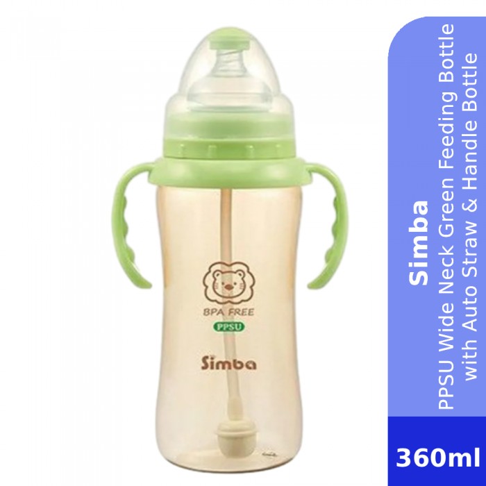 SIMBA PPSU WIDE NECK FEEDING BOTTLE & AUTO STRAW & HANDLE 360ML (12OZ) (P6183) - GREEN