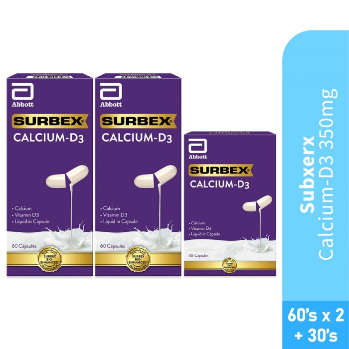 SURBEX Calcium-D3 350mg 60's x 2 + 30's (Seasonal Packing) for Calcium, Vitamin D3