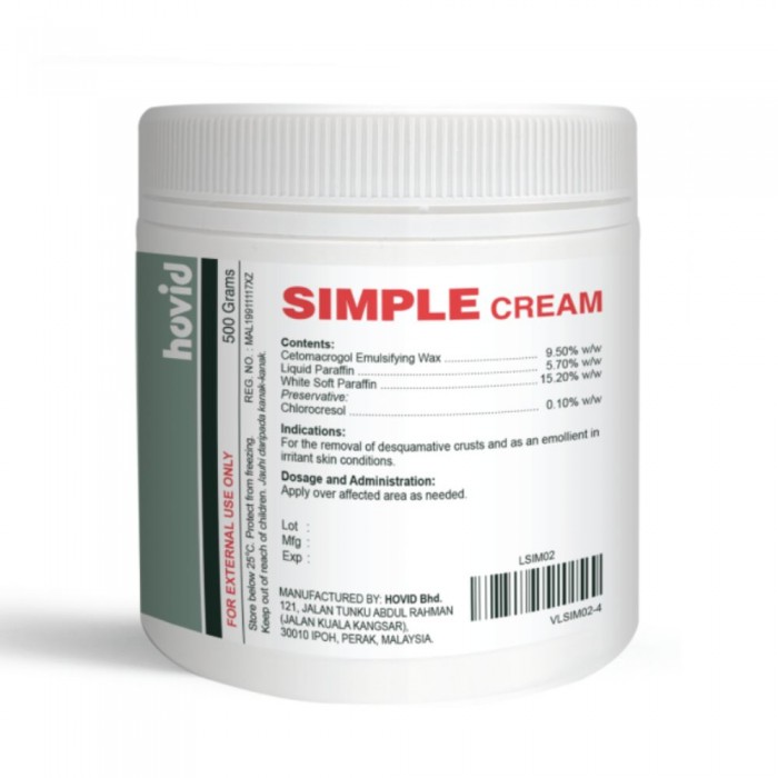 HOVID Simple Cream 500g for Gentle Moisturising Cream for Sensitive Skin, Dry Skin, Eczema, Psoriasis