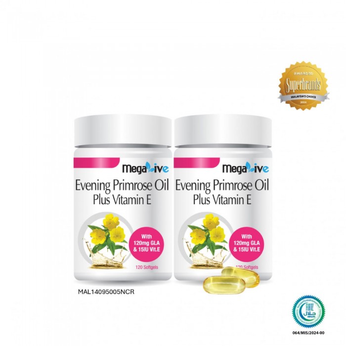 MEGALIVE Evening Primrose Oil Plus Vitamin E 120's X 2 with Evening Primrose Oil, Epo Supplement