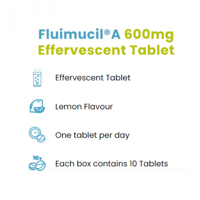 FLUIMUCIL A 600mg Effervescent 10's for Cough, Phlegm, Phlegm Medicine, Ubat Batuk, Ubat Kahak, 止咳药  - Lemon