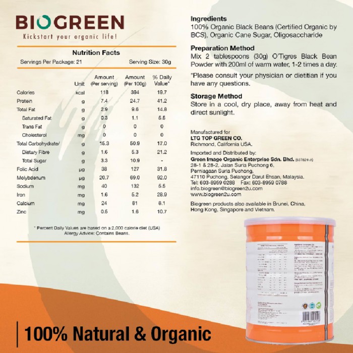 BIOGREEN O’Tigres Organic Black Bean Powder 700g – Low Cane Sugar