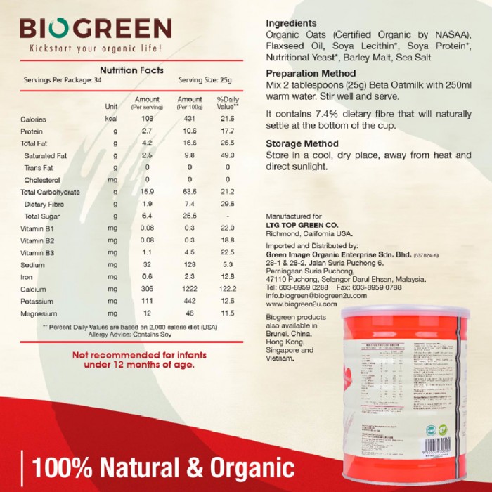 BIOGREEN Beta Oatmilk Energy 800g