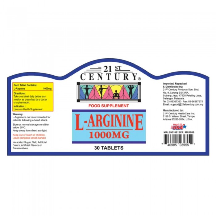 21st Century L Arginine 1000mg 30's with Amino Acid, L Arginine Supplement for Muscle,Stamina, Energy Booster