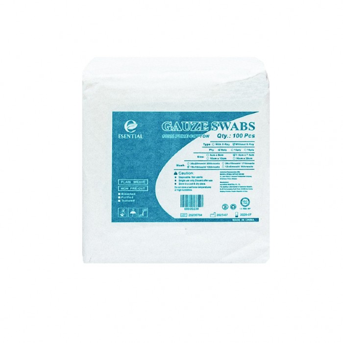 ESENTIAL Disposable Pure Cotton Gauze Swabs 100's 7.5cm x 7.5cm -Plaster Gauze for wound dressing /非无菌纱布