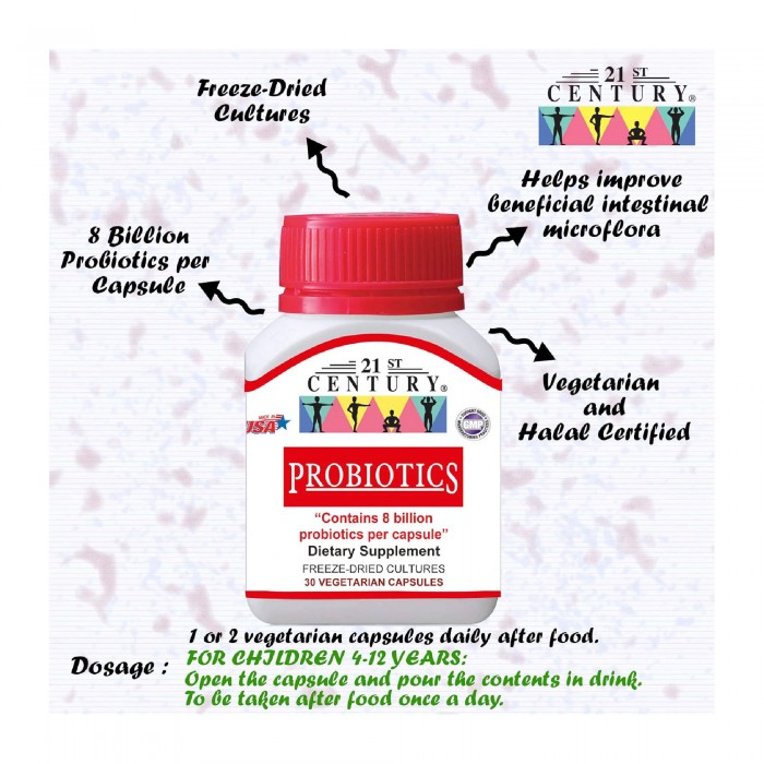 21ST CENTURY Probiotics 30's for Digestive, Gastrointestinal Health with Probiotic Prebiotic, Probiotic Supplement