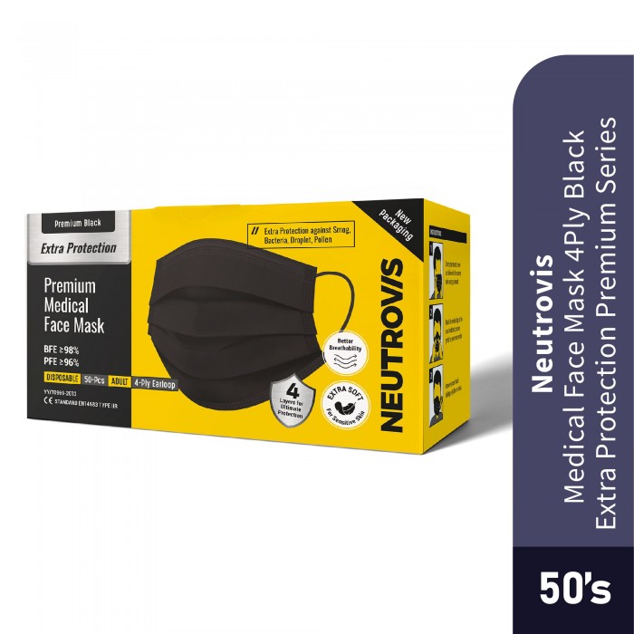 NEUTROVIS Medical Face Mask 4ply - Black 50's, Facemask, Pelitup Muka, Mask Neutrovis, Face Mask