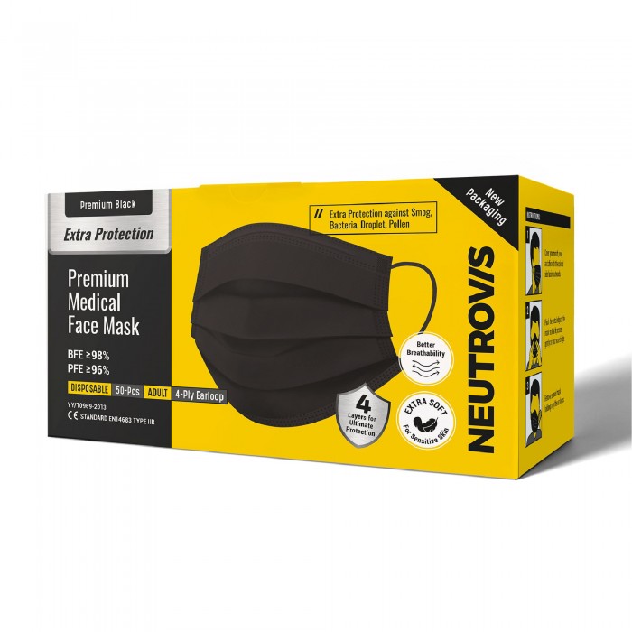 NEUTROVIS Medical Face Mask 4ply - Black 50's, Facemask, Pelitup Muka, Mask Neutrovis, Face Mask