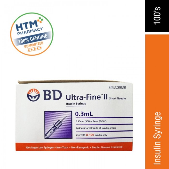 BD ULTRA-FINE II SHORT NEEDLE INSULIN SYRINGE 0.3ML(3/10ML 30G 8MM)328838 1's