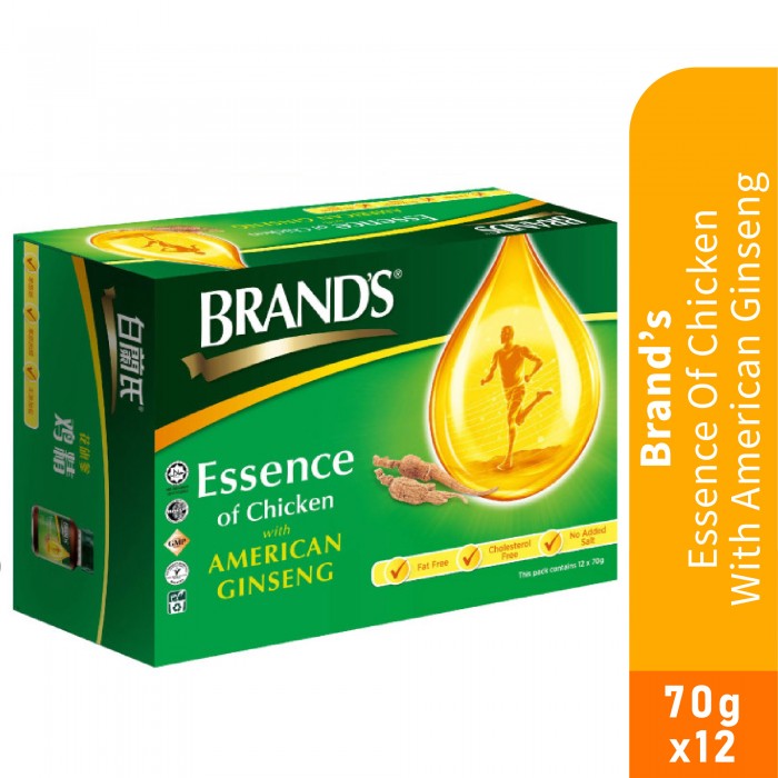 BRANDS Essence of Chicken with American Ginseng 70g X 12's with High Protein Chicken Essence for Memory, Immune & Energy