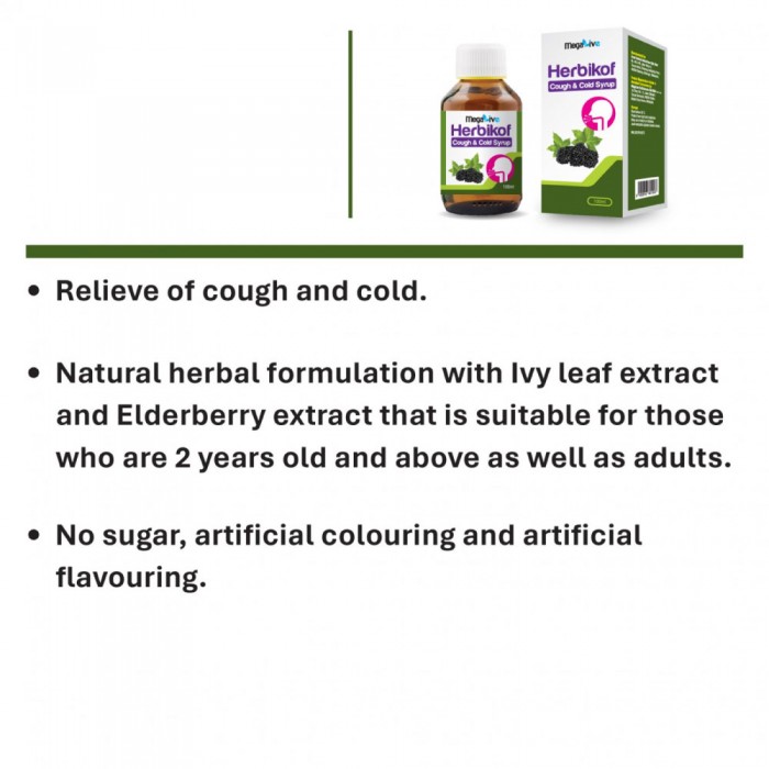 MEGALIVE Herbikof Cough & Cold Syrup 100ml for Ubat Batuk, Cough Syrup with Ivy Leaf