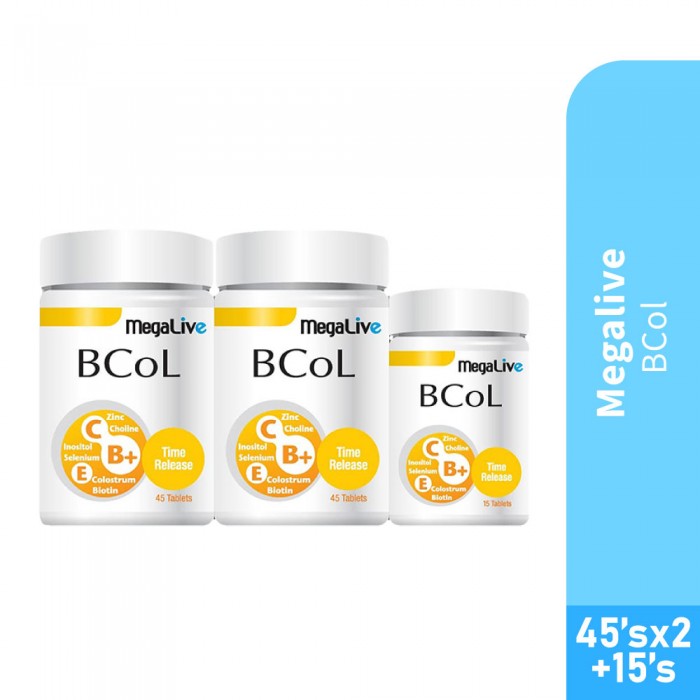MEGALIVE Bcol 45's X 2 + 15's for Vitamin B Complex, Colostrum, Vitamin C, Zinc Supplement