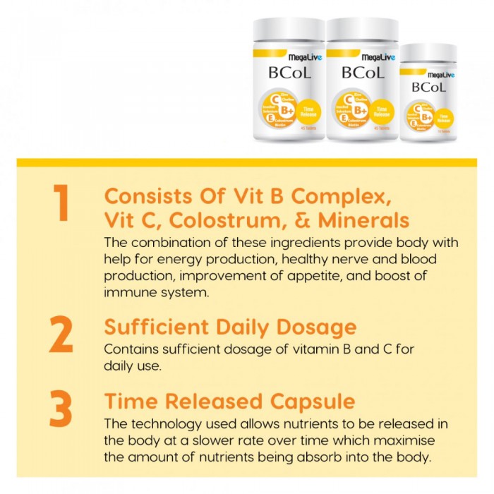 MEGALIVE Bcol 45's X 2 + 15's for Vitamin B Complex, Colostrum, Vitamin C, Zinc Supplement