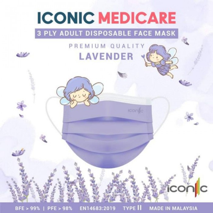 Iconic Adult Medical 3ply Face Mask (Premium Quality-Plain) 50's - Lavender