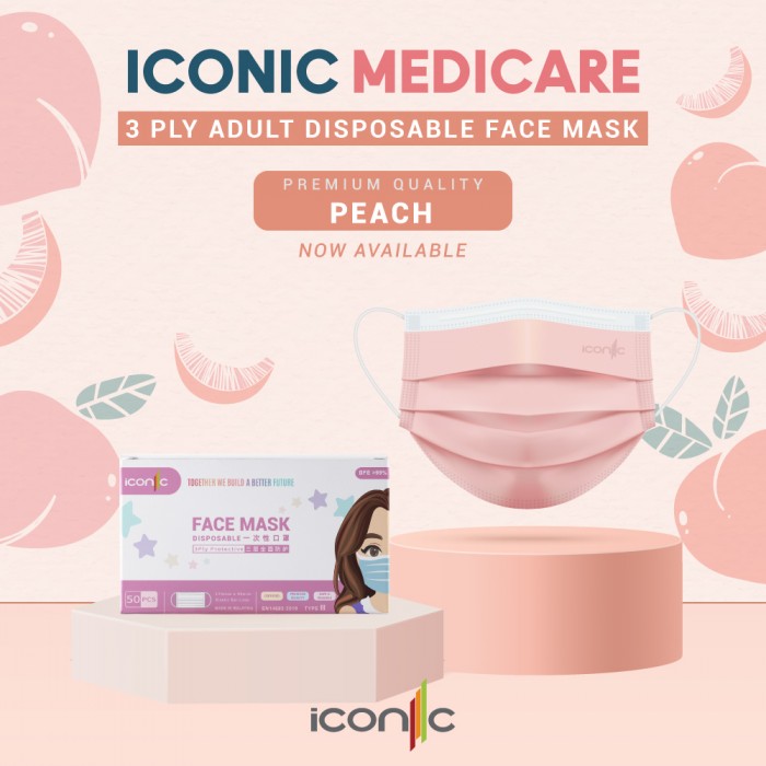 Iconic Adult Medical 3ply Face Mask (Premium Quality-Plain) 50's - Peach