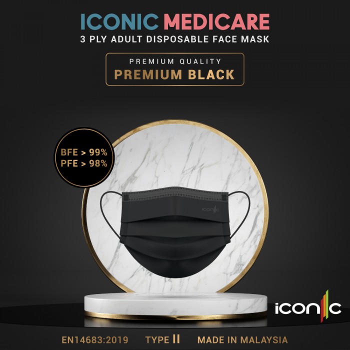 Iconic Adult Medical 3ply Face Mask (Premium Quality-Plain) 50's - Premium Black