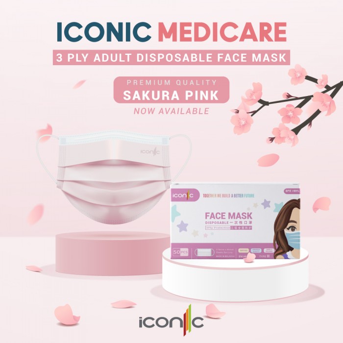 Iconic Adult Medical 3ply Face Mask (Premium Quality-Plain) 50's - Sakura Pink