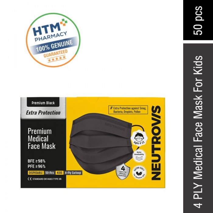 Neutrovis Medical Face Mask 4ply (Kids) - Black (Extra Protection Premium Series - Ultra Soft) 50's