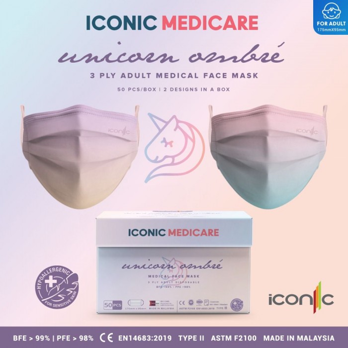 Iconic Adult Medical 3ply Face Mask (Premium Quality-Printed) 50's - Unicorn Ombre (Limited Edition)