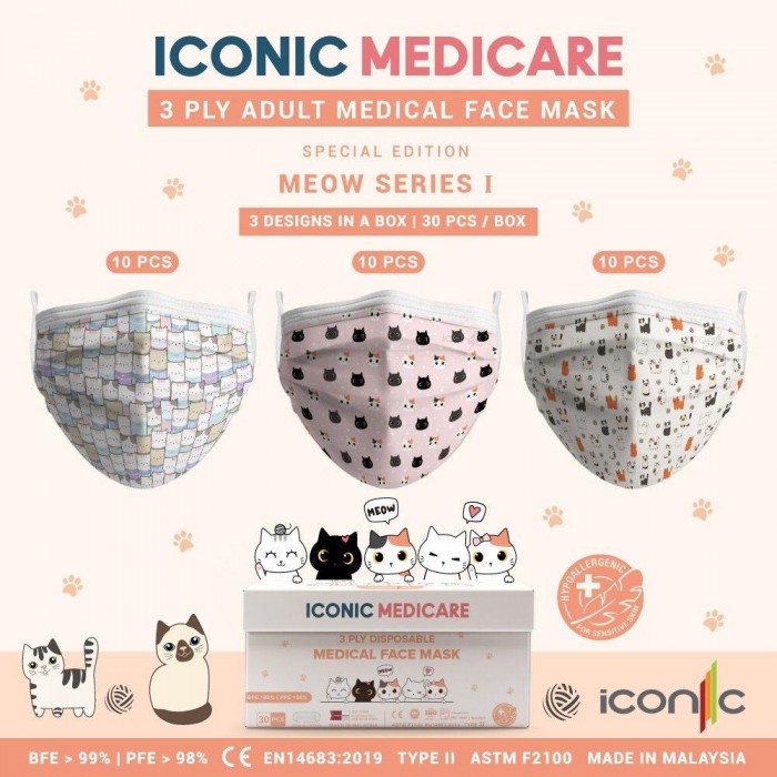 Iconic Adult Medical 3ply Face Mask (Premium Quality-Printed) 30's - Meow Series