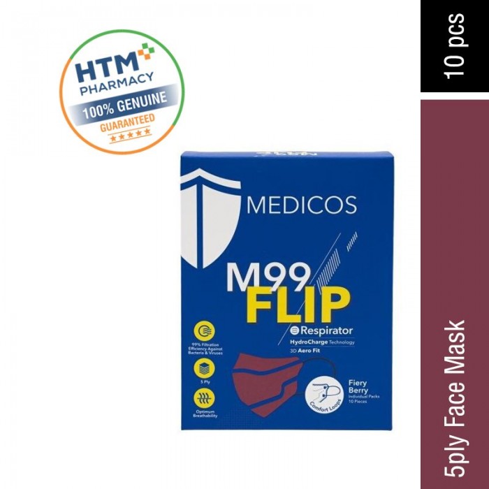 Medicos 5ply M99 Flip Respirator Earloop 3D 10's - Fiery Berry