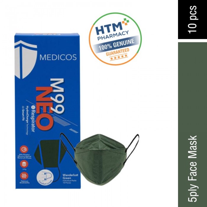 Medicos 5ply M99 Neo Respirator With Comfort Earloop 3D 10's - Wanderlust Green