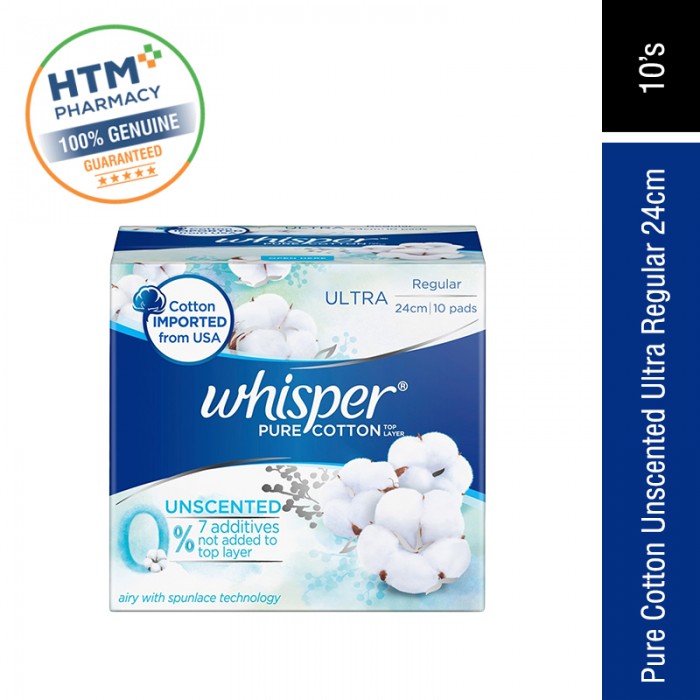 Whisper Pure Cotton Unscented Ultra Regular 24cm 10's