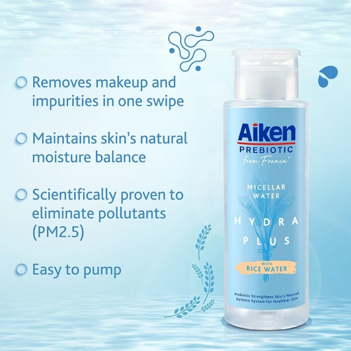 AIKEN Prebiotic Hydra Plus Micellar Water 300g with Rice Water For Makeup Remover, Aiken Micellar Water