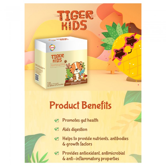 GKB Tiger Kids 2g X 30's with Probiotic, Tiger Milk Mushroom Kids, Colostrum, 虎乳芝 for Digestive