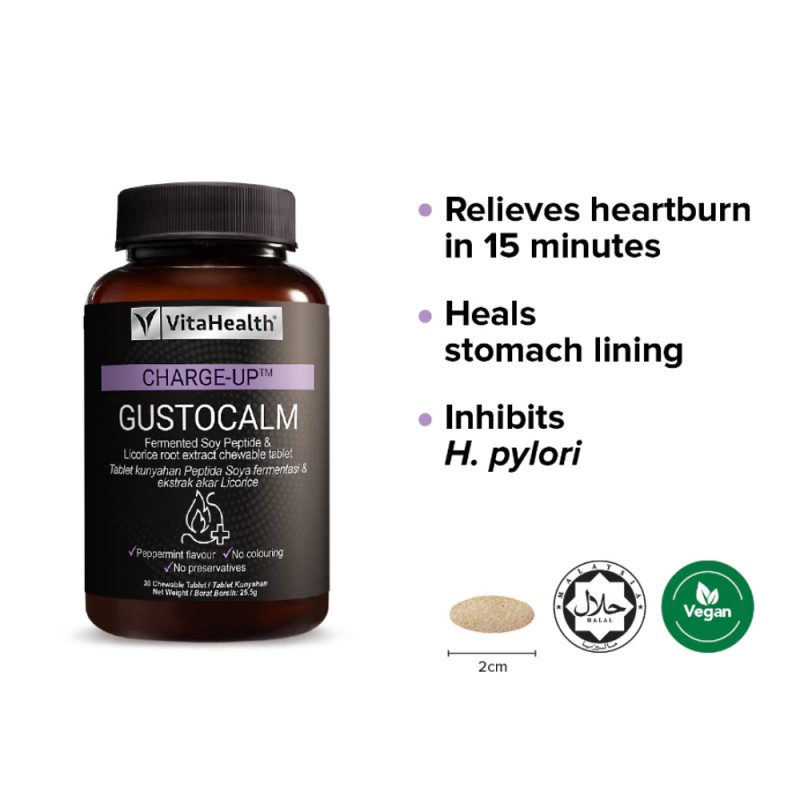 VITAHEALTH Charge-Up Gustocalm 30's for Heartburn Relief - Peppermint Flavor