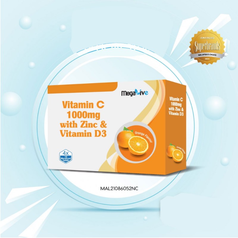Megalive Vitamin C 1000mg With Zinc & Vitamin D3 Effervescent Tablet 4 x 10's