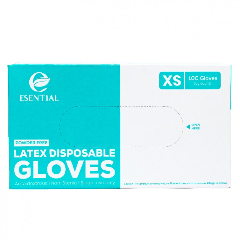 ESENTIAL Latex Powder Free Disposable Gloves 100's -XS size /sarung tangan getah/一次性手套