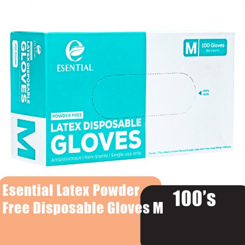 ESENTIAL Latex Powder Free Disposable Gloves 100's -M size /sarung tangan getah/一次性手套