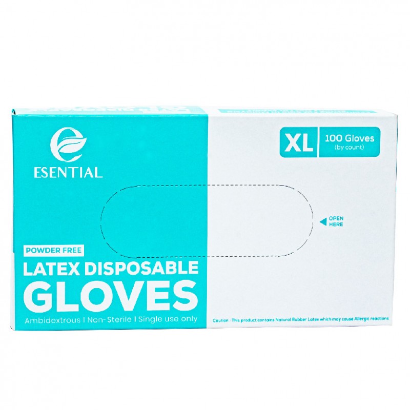 ESENTIAL Latex Powder Free Disposable Gloves 100's -XL size /sarung tangan getah/一次性手套