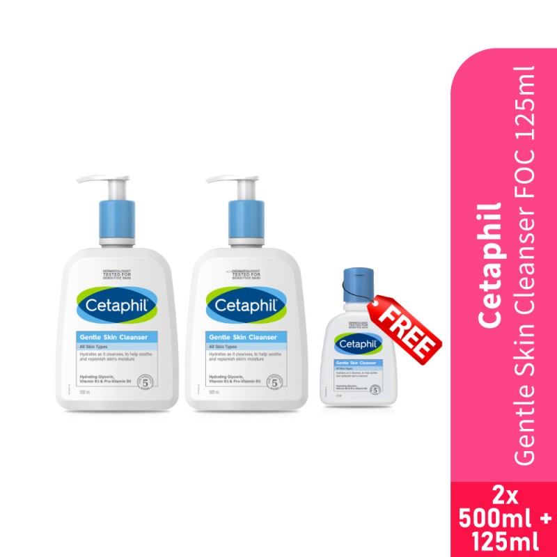 CETAPHIL Gentle Skin Cleanser 500ml X 2 Foc 125ml for Cetaphil Face Wash, Pencuci Muka