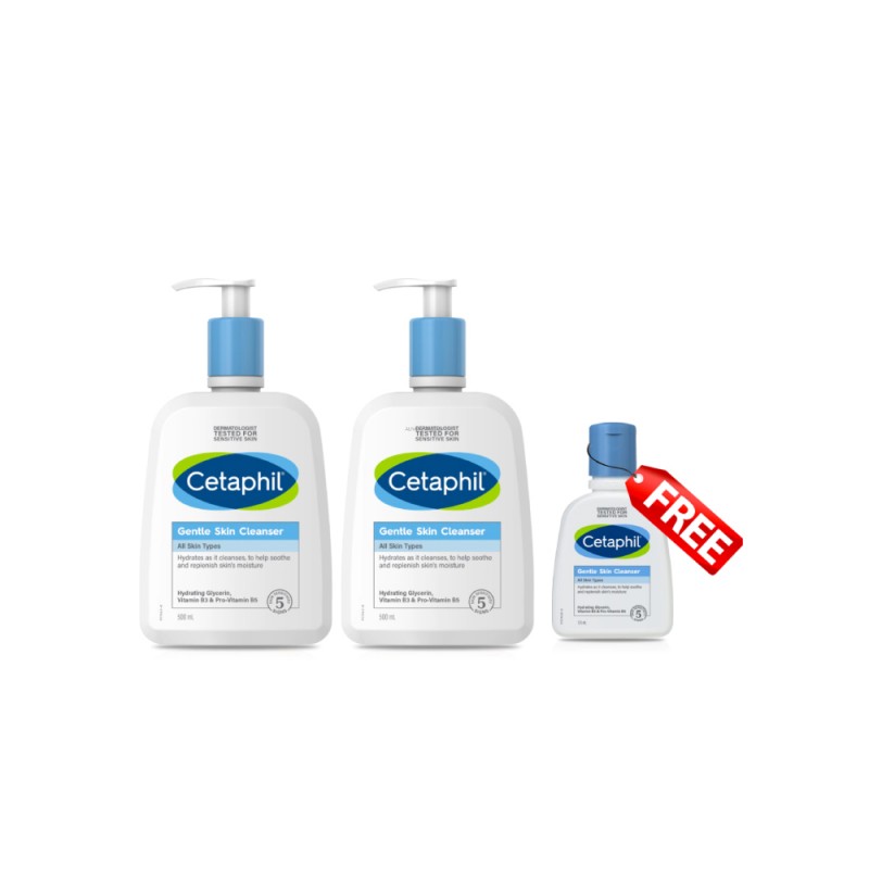 CETAPHIL Gentle Skin Cleanser 500ml X 2 Foc 125ml for Cetaphil Face Wash, Pencuci Muka