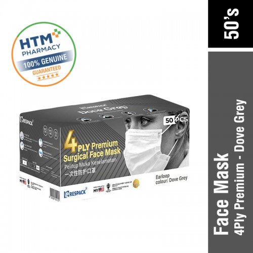 RESPACK 4PLY PREMIUM SURGICAL COLOURS SERIES FACE MASK 50'S - DOVE GREY