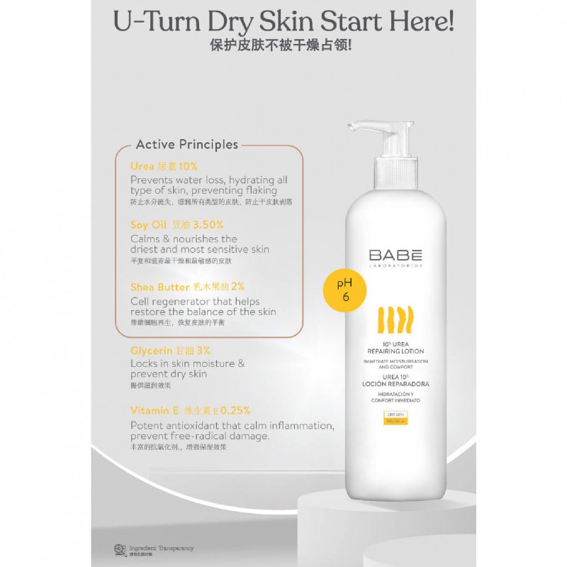 BABE LABORATORIOS 10% Urea Repairing Lotion 500ml with Shea Butter and Soy - Skin Repair Lotion and Moisturizer