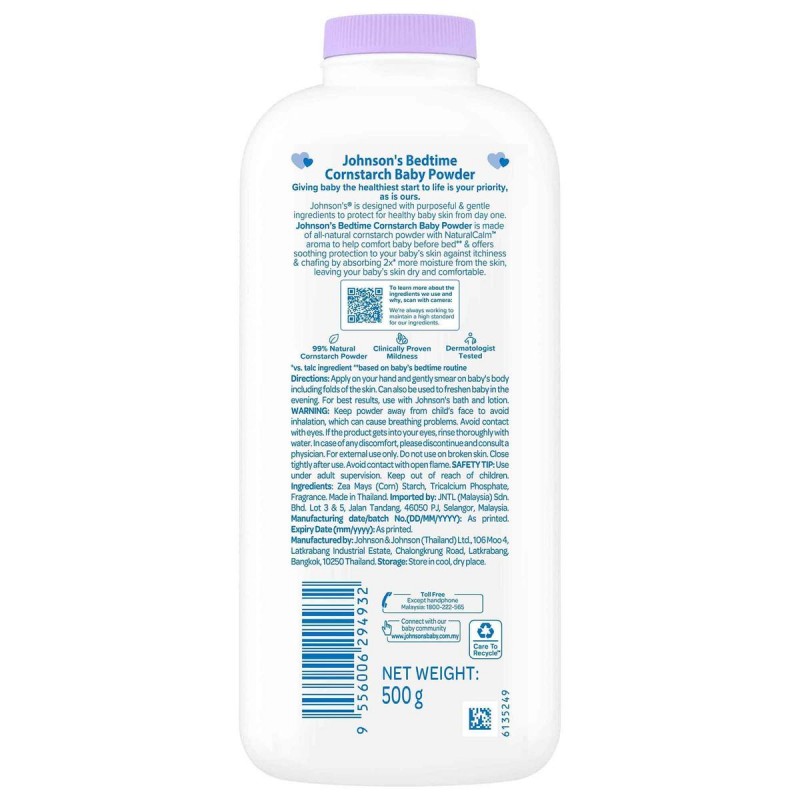JOHNSONS Baby Powder 500g - Bedtime for Bedak Baby, Cornstarch Baby Powder