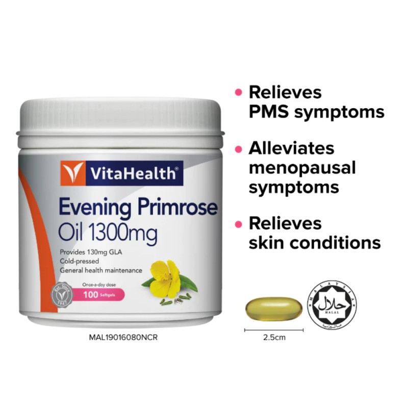 VITAHEALTH Evening Primrose Oil 1300mg 100's with EPO, Menopause Supplements, Menstrual Relief  MAL19016080NCR    Descri
