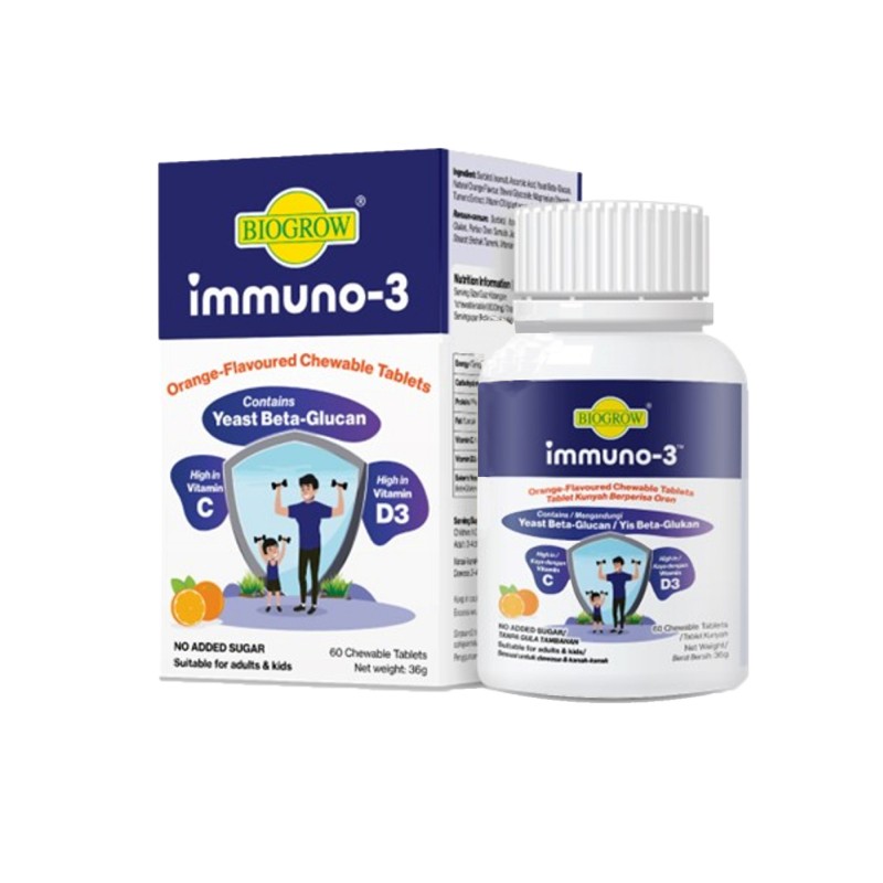 Biogrow Immuno 3 Chewable Tablets 60s Yeast Beta Glucan For Immune System - Orange Flavour (For adults & kids supplement