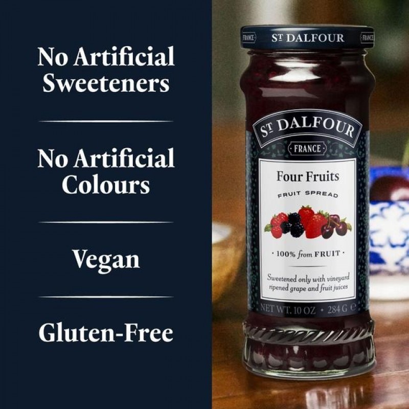 St Dalfour Natural Fruit Spread Four Fruits 284g - Jem roti strawberry,cherry, blueberry,raspberry(vegan & gluten free)