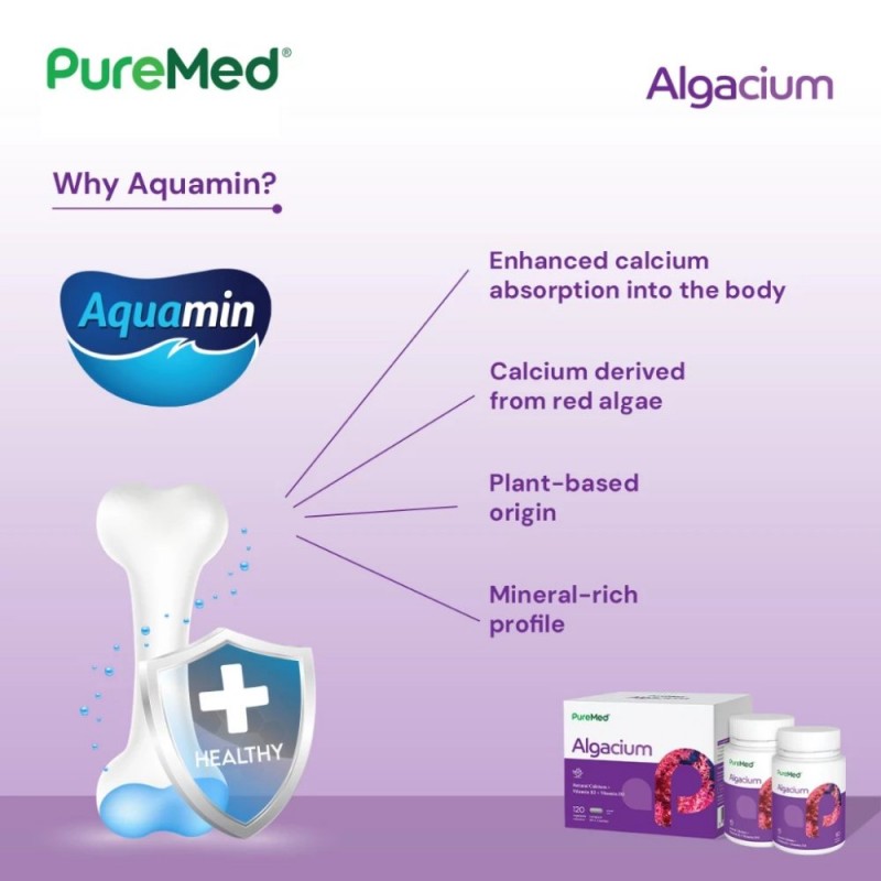 PUREMED Algacium 60's X 2 for Bone Supplement with Calcium, Vitamin D3, Vitamin K2