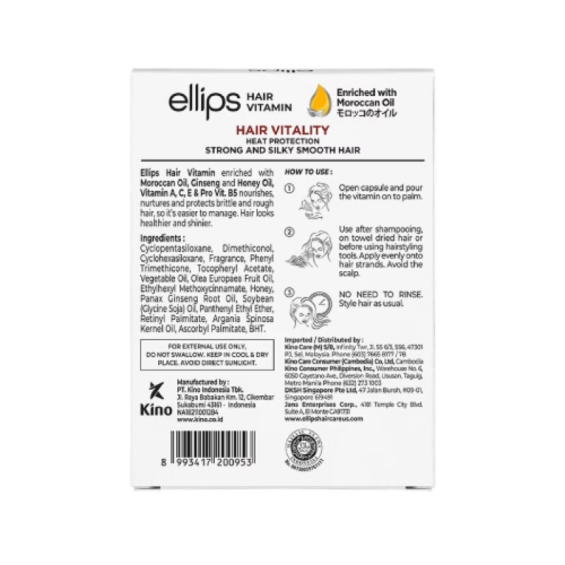 ELLIPS HAIR with Vitamin A, Vitamin C, Vitamin E Ginseng & Honey Oil (6's x 2) Moroccan Oil, Hair Oil Capsule, Hair