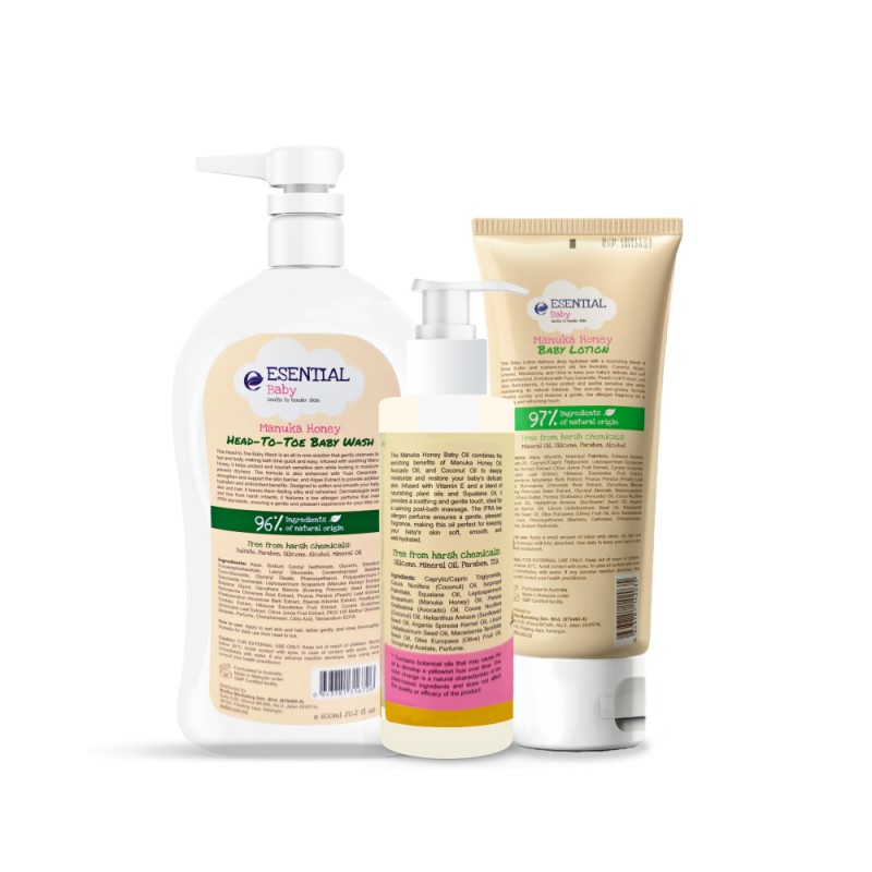 ESENTIAL BABY Set (Head-To-Toe Baby Wash 600ml / Manuka Honey Baby Oil 100ml / Manuka Honey Baby Lotion 200ml)