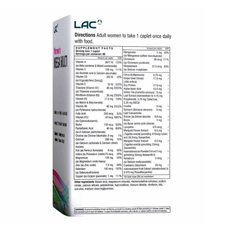 LAC Women Mega Multi Time Release Caplet 90's for Women, Vitality, Women Supplement, Biotin, Iron , Calcium