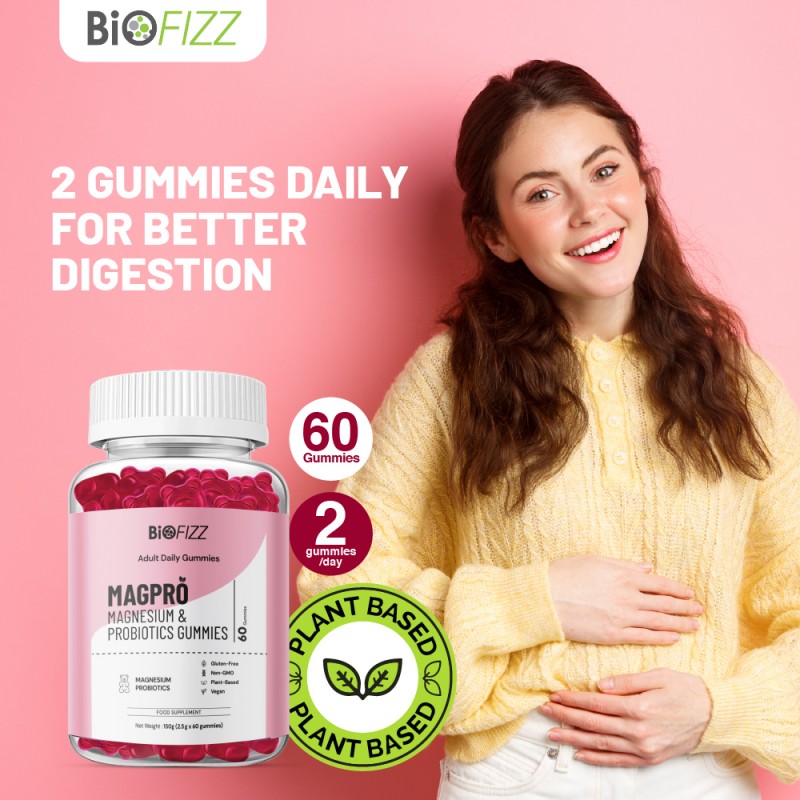 BIOFIZZ Magpro Magnesium & Probiotics Gummies 2.5g x 60's for Gut Health, Sleep, Probiotic Supplement, Gummy, 软糖